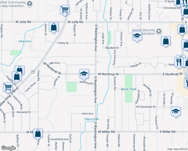 map of restaurants, bars, coffee shops, grocery stores, and more near 5601 South Washington Avenue in Lansing