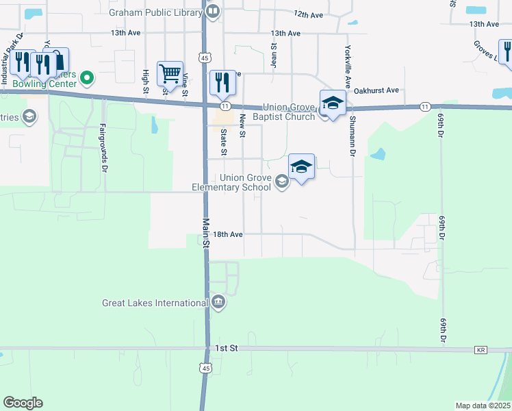 map of restaurants, bars, coffee shops, grocery stores, and more near 1772 Milldrum Street in Union Grove