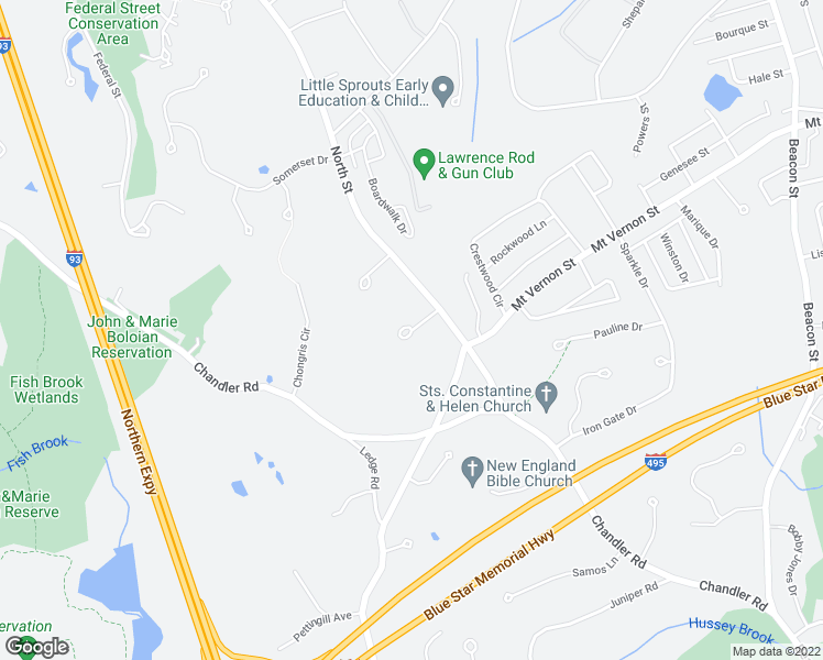 map of restaurants, bars, coffee shops, grocery stores, and more near 5 Matthew Street in Andover