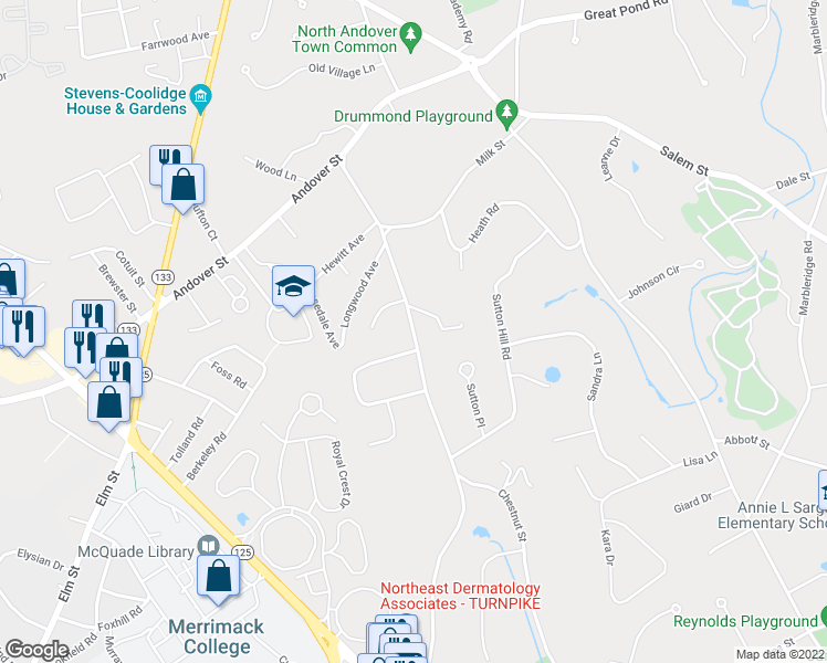 map of restaurants, bars, coffee shops, grocery stores, and more near 155 Chestnut Street in North Andover