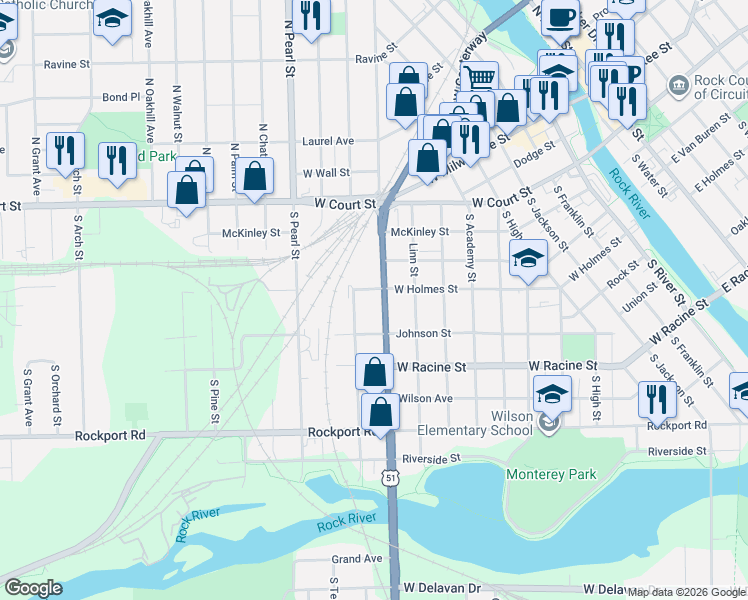 map of restaurants, bars, coffee shops, grocery stores, and more near 1015 West Holmes Street in Janesville