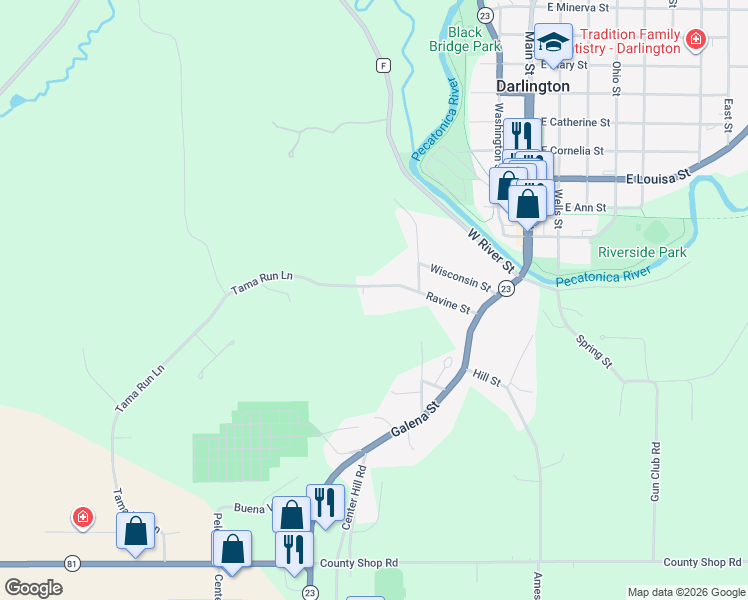 map of restaurants, bars, coffee shops, grocery stores, and more near 423 Ravine Street in Darlington