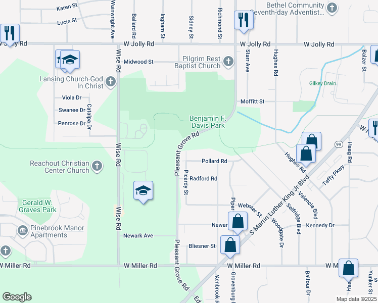 map of restaurants, bars, coffee shops, grocery stores, and more near 5603 Picardy Street in Lansing