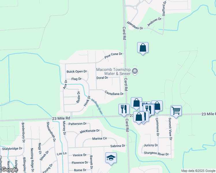 map of restaurants, bars, coffee shops, grocery stores, and more near 51415 Royal Links Court in Macomb