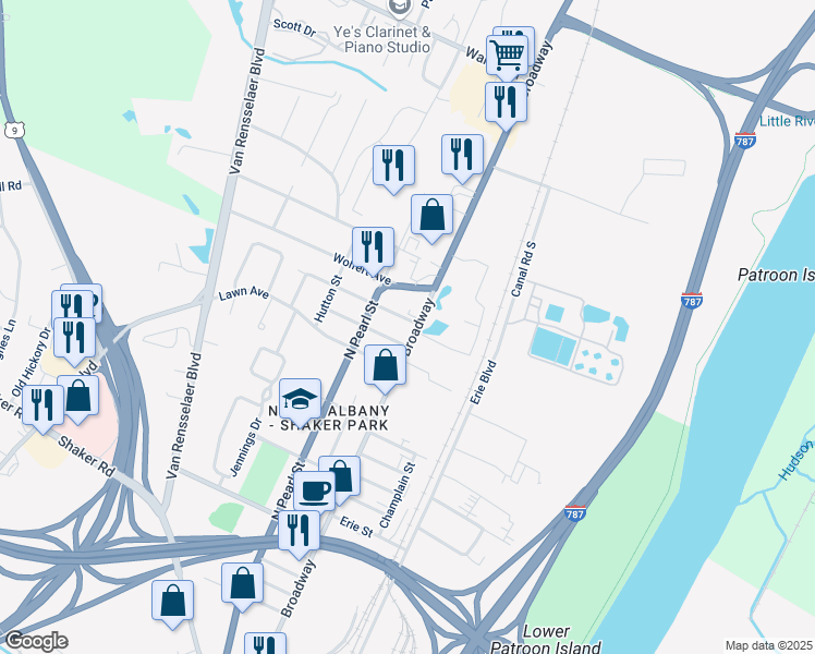 map of restaurants, bars, coffee shops, grocery stores, and more near 1312 Broadway in Albany
