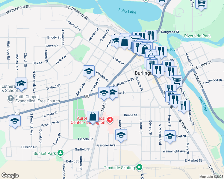 map of restaurants, bars, coffee shops, grocery stores, and more near 233 W Jefferson St in Burlington