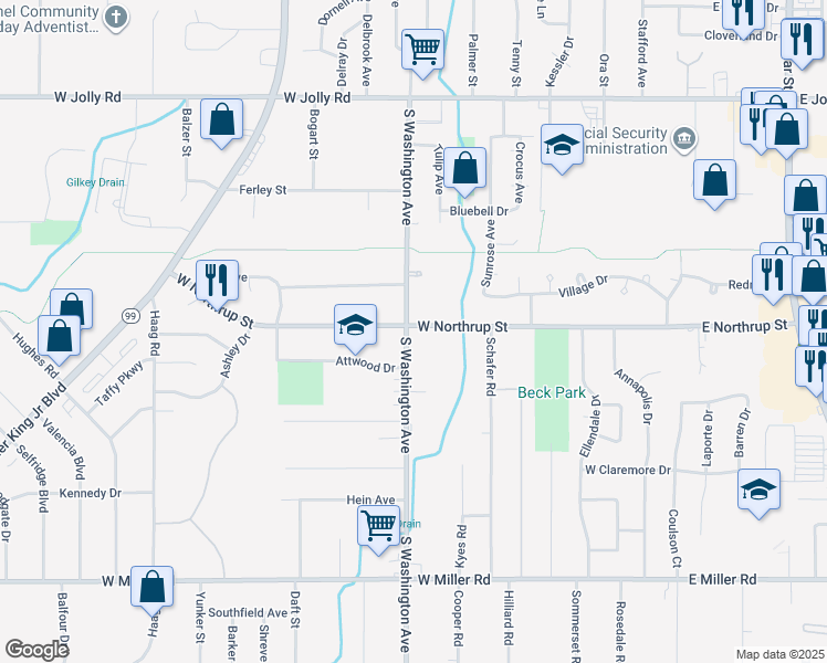 map of restaurants, bars, coffee shops, grocery stores, and more near 5601 South Washington Avenue in Lansing