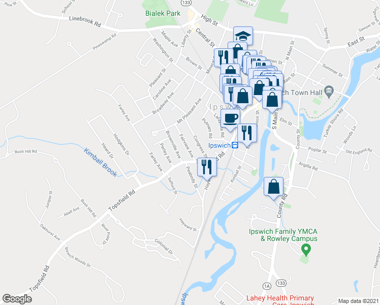 map of restaurants, bars, coffee shops, grocery stores, and more near 8 Fairview Avenue in Ipswich