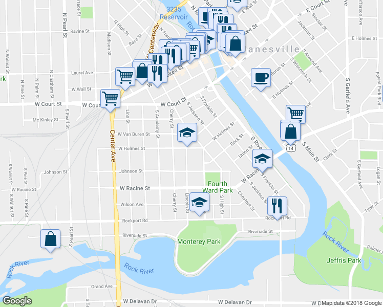map of restaurants, bars, coffee shops, grocery stores, and more near 305 Lincoln Street in Janesville