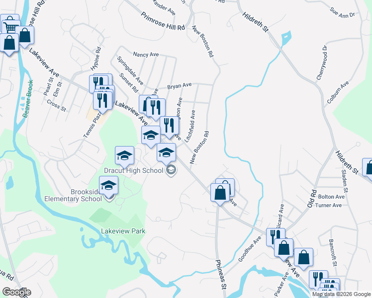 map of restaurants, bars, coffee shops, grocery stores, and more near 15 Litchfield Avenue in Dracut