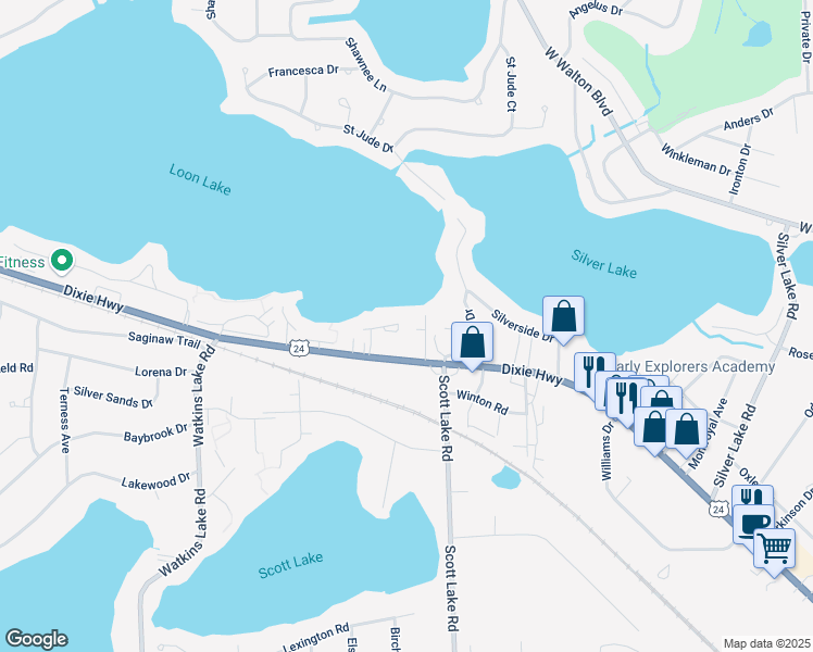 map of restaurants, bars, coffee shops, grocery stores, and more near 3058 Dixie Highway in Waterford Township