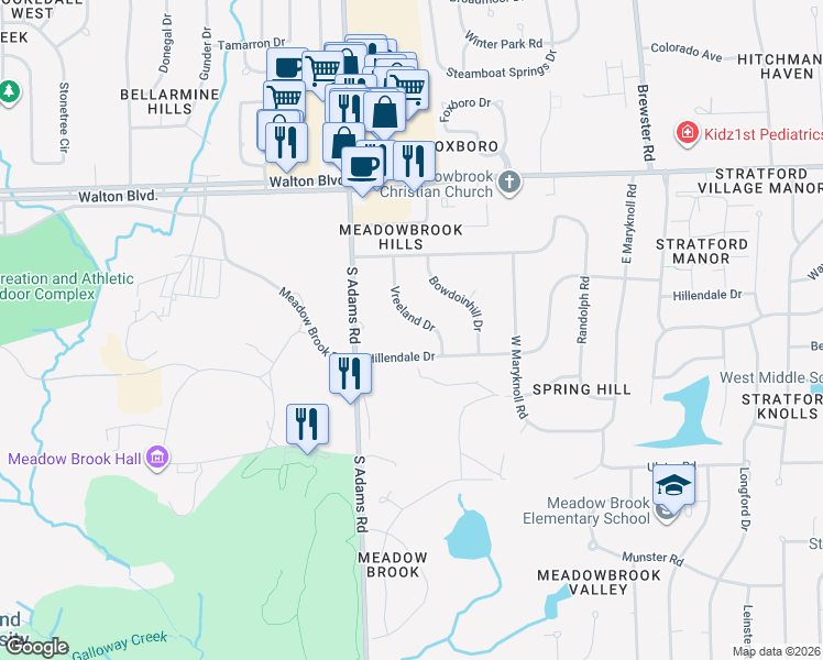 map of restaurants, bars, coffee shops, grocery stores, and more near 210 Vreeland Drive in Rochester Hills