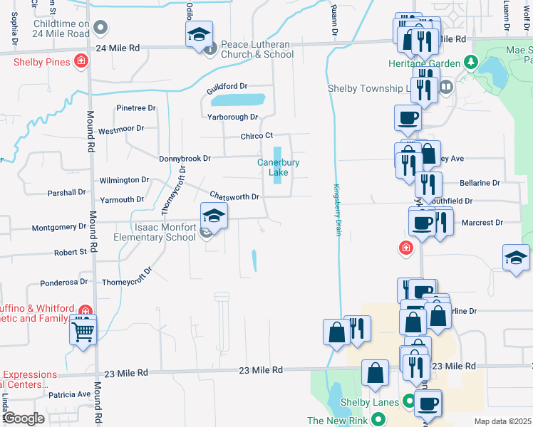 map of restaurants, bars, coffee shops, grocery stores, and more near 6941 Southdown Drive in Shelby Township