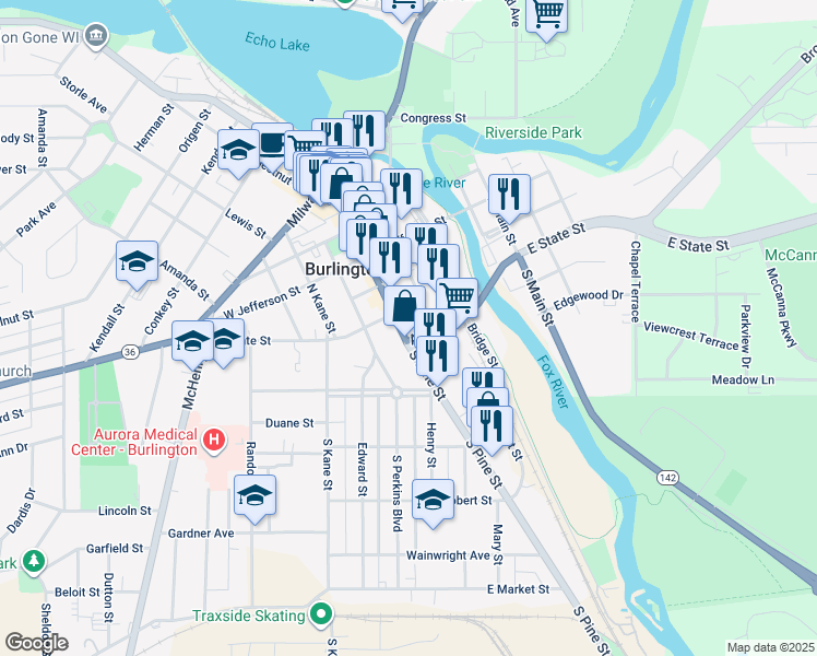 map of restaurants, bars, coffee shops, grocery stores, and more near 116 South Pine Street in Burlington