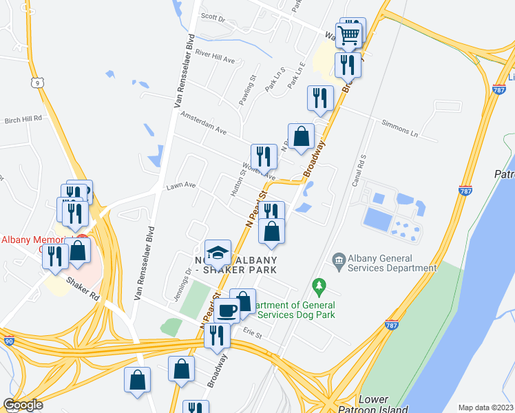 map of restaurants, bars, coffee shops, grocery stores, and more near North Pearl Street & Bonheim Street in Albany