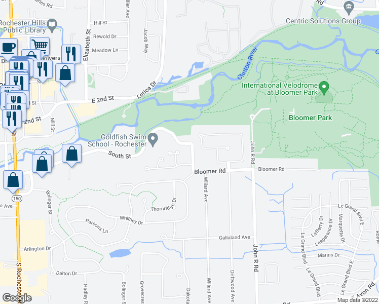 map of restaurants, bars, coffee shops, grocery stores, and more near 730 Bloomer Road in Rochester