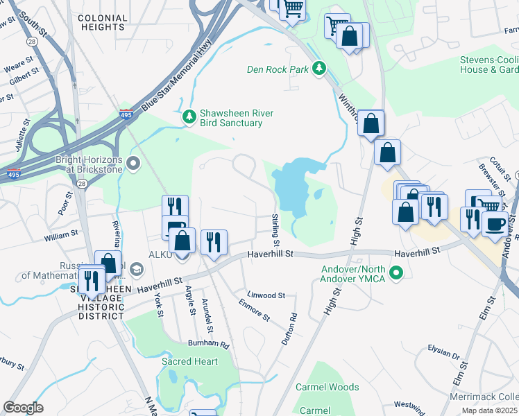 map of restaurants, bars, coffee shops, grocery stores, and more near 21 Filter Bed Road in Andover