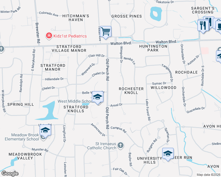 map of restaurants, bars, coffee shops, grocery stores, and more near 307 Old Perch Road in Rochester Hills