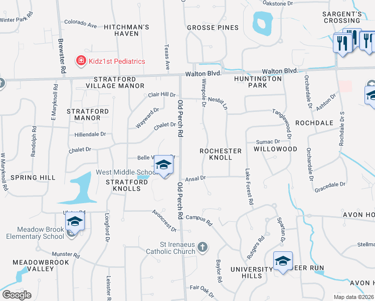 map of restaurants, bars, coffee shops, grocery stores, and more near 307 Old Perch Road in Rochester Hills