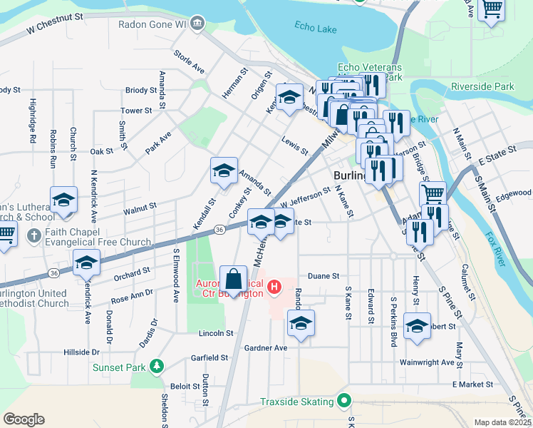 map of restaurants, bars, coffee shops, grocery stores, and more near 217 Milwaukee Avenue in Burlington