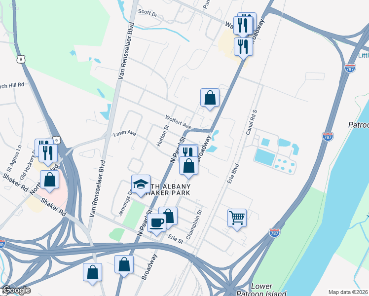 map of restaurants, bars, coffee shops, grocery stores, and more near 19 Bonheim Street in Albany