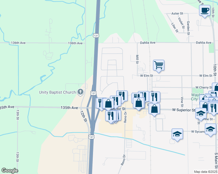 map of restaurants, bars, coffee shops, grocery stores, and more near 1160 Calgary Lane in Wayland