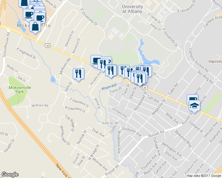 map of restaurants, bars, coffee shops, grocery stores, and more near 37 Tryon Court in Albany