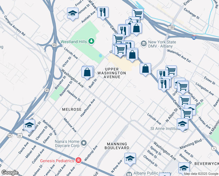 map of restaurants, bars, coffee shops, grocery stores, and more near 17 Danker Avenue in Albany