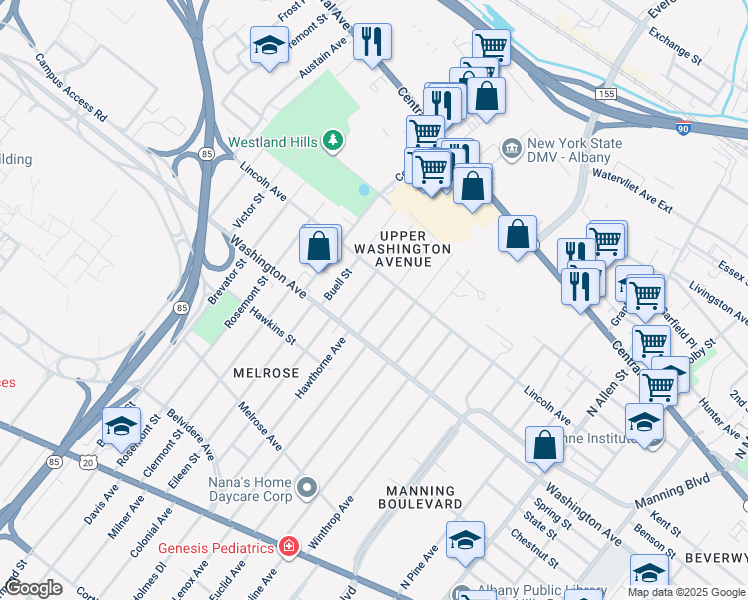 map of restaurants, bars, coffee shops, grocery stores, and more near 17 Danker Avenue in Albany