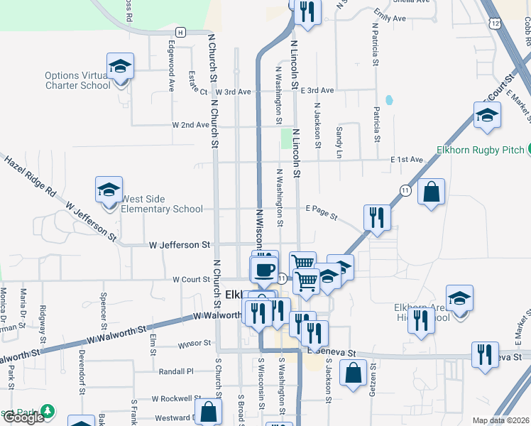 map of restaurants, bars, coffee shops, grocery stores, and more near 223 North Wisconsin Street in Elkhorn