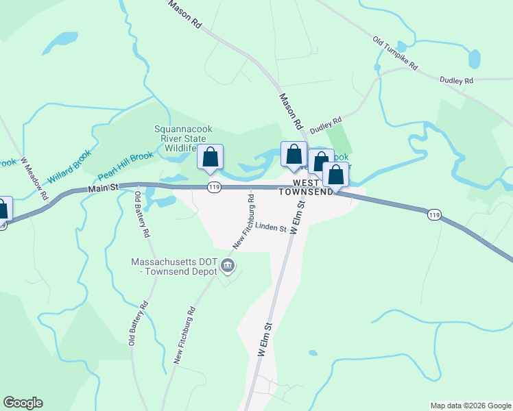 map of restaurants, bars, coffee shops, grocery stores, and more near 4 New Fitchburg Road in Townsend