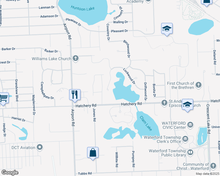 map of restaurants, bars, coffee shops, grocery stores, and more near 5771 Lockwood Drive in Waterford Township