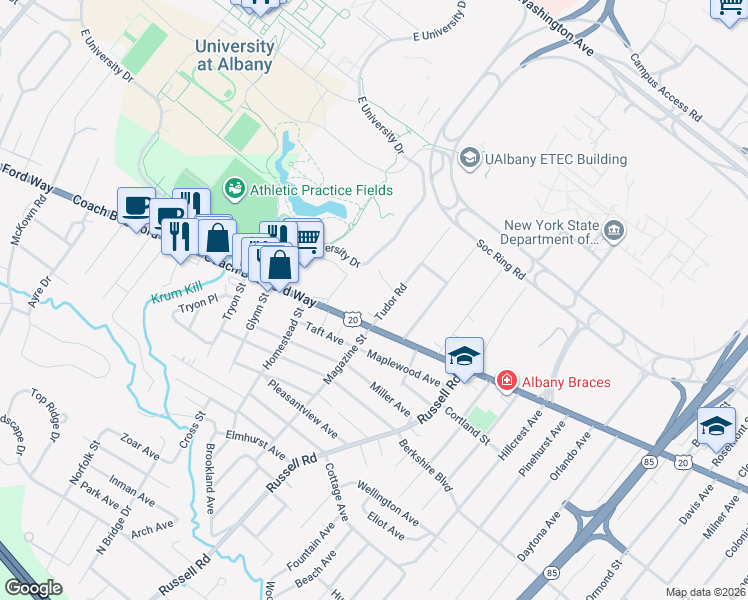 map of restaurants, bars, coffee shops, grocery stores, and more near 8 Tudor Road in Albany