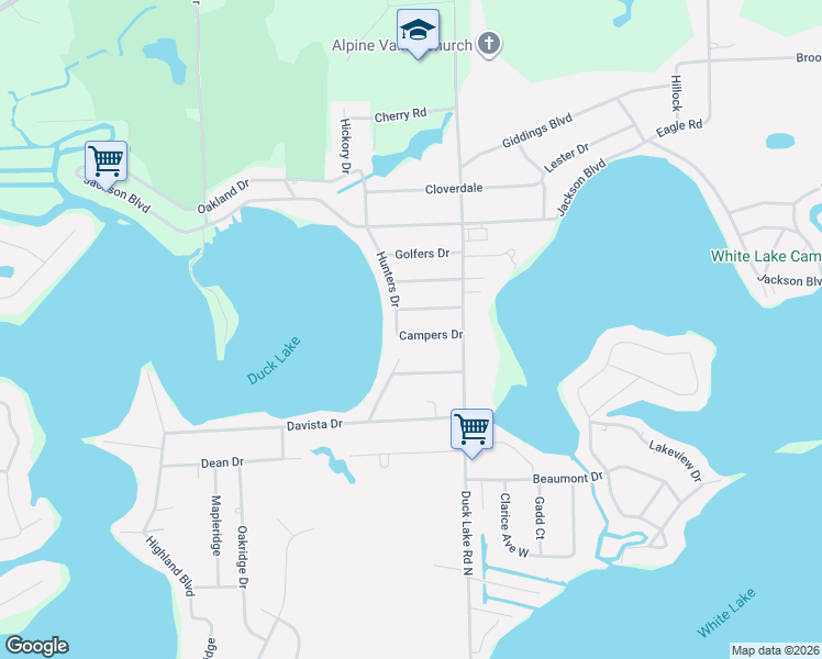 map of restaurants, bars, coffee shops, grocery stores, and more near 2755 Campers Drive in Highland charter Township