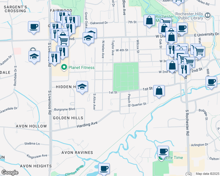 map of restaurants, bars, coffee shops, grocery stores, and more near 115 Taylor Avenue in Rochester