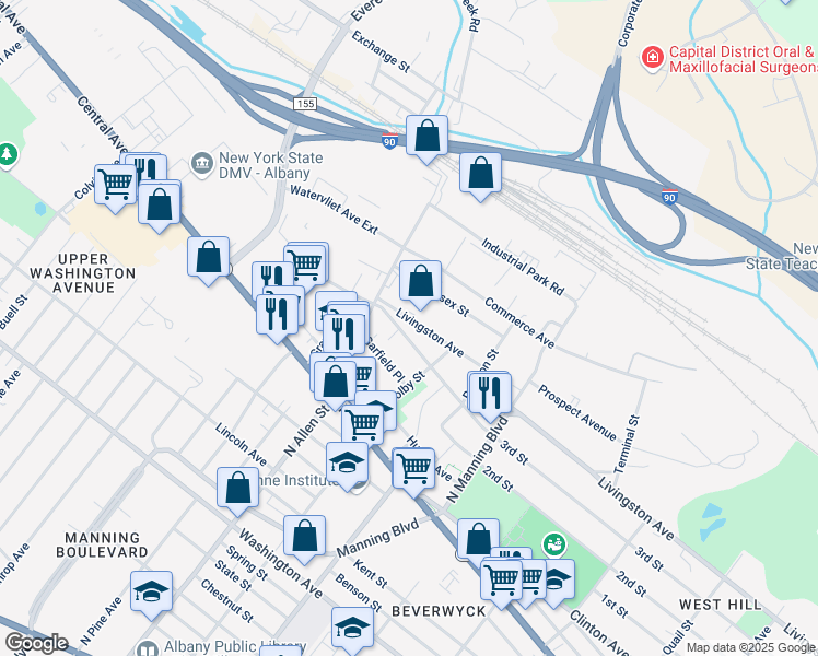 map of restaurants, bars, coffee shops, grocery stores, and more near 818 Livingston Avenue in Albany