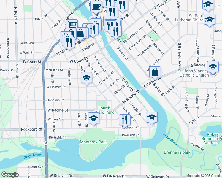 map of restaurants, bars, coffee shops, grocery stores, and more near 307 South Jackson Street in Janesville
