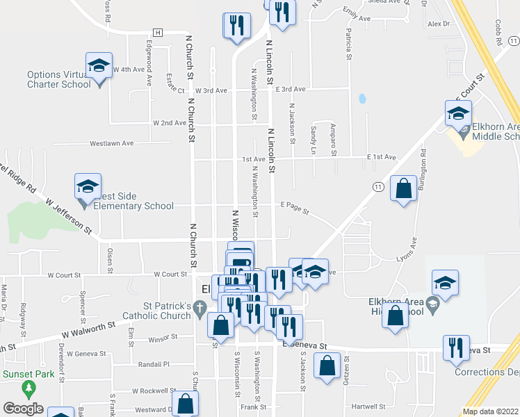map of restaurants, bars, coffee shops, grocery stores, and more near 223 N Washington St in Elkhorn