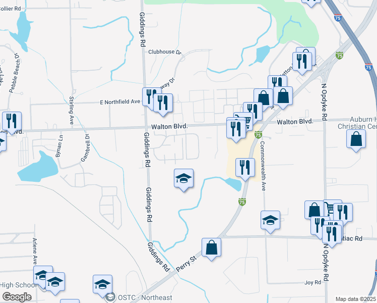 map of restaurants, bars, coffee shops, grocery stores, and more near 32 Greenwoode Lane in Pontiac