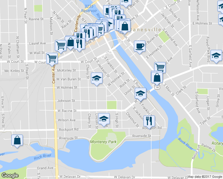 map of restaurants, bars, coffee shops, grocery stores, and more near 265 South High Street in Janesville