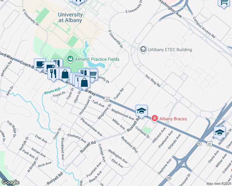 map of restaurants, bars, coffee shops, grocery stores, and more near 8 Tudor Road in Albany
