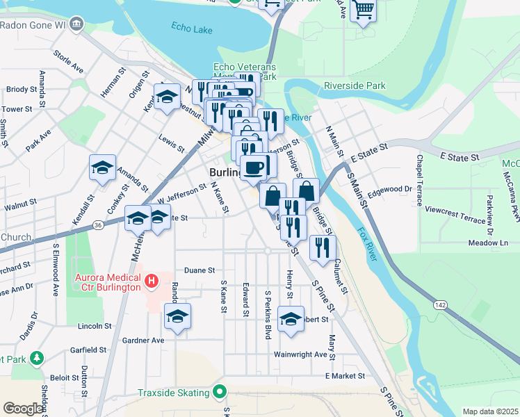 map of restaurants, bars, coffee shops, grocery stores, and more near 152 East Washington Street in Burlington
