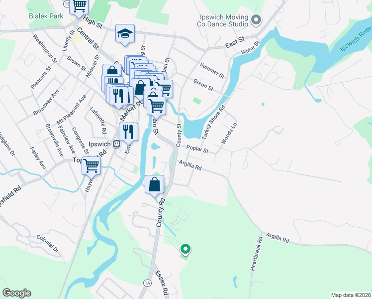map of restaurants, bars, coffee shops, grocery stores, and more near 3 Poplar Street in Ipswich