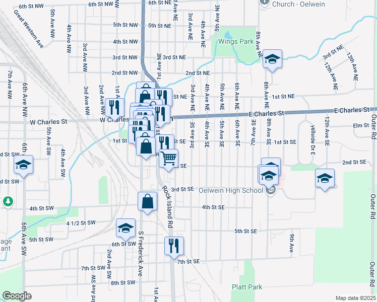 map of restaurants, bars, coffee shops, grocery stores, and more near 112 3rd Avenue Southeast in Oelwein