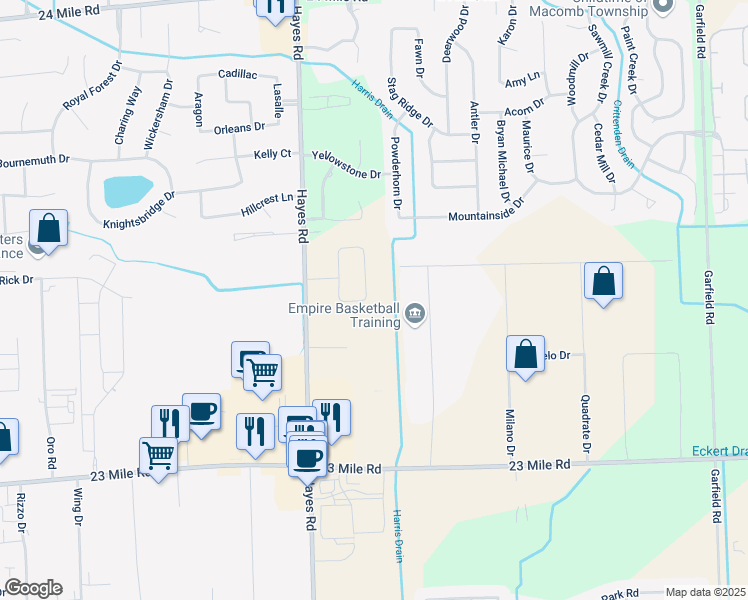 map of restaurants, bars, coffee shops, grocery stores, and more near 51810 Antoinette Drive in Macomb
