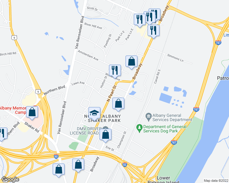 map of restaurants, bars, coffee shops, grocery stores, and more near 23 Bonheim Street in Albany