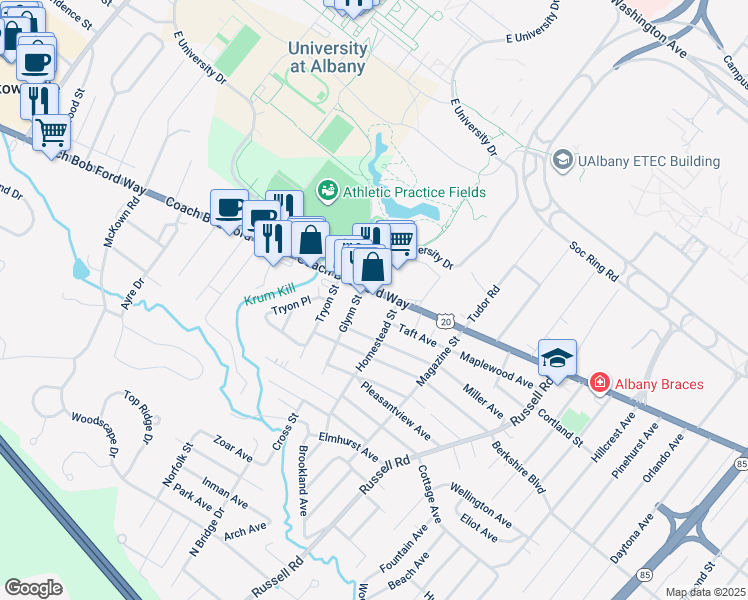 map of restaurants, bars, coffee shops, grocery stores, and more near 1178 Western Avenue in Albany