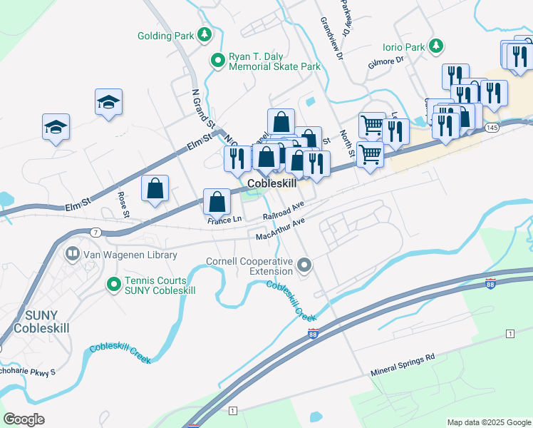 map of restaurants, bars, coffee shops, grocery stores, and more near 113 Railroad Avenue in Cobleskill