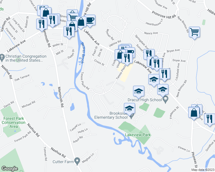 map of restaurants, bars, coffee shops, grocery stores, and more near 74 Tennis Plaza Road in Dracut