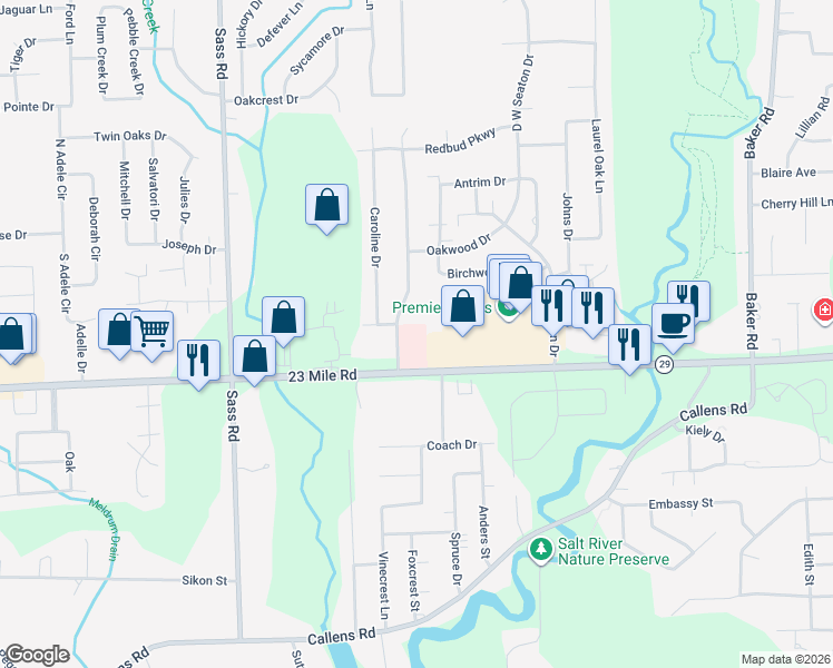 map of restaurants, bars, coffee shops, grocery stores, and more near 32743 23 Mile Road in New Baltimore